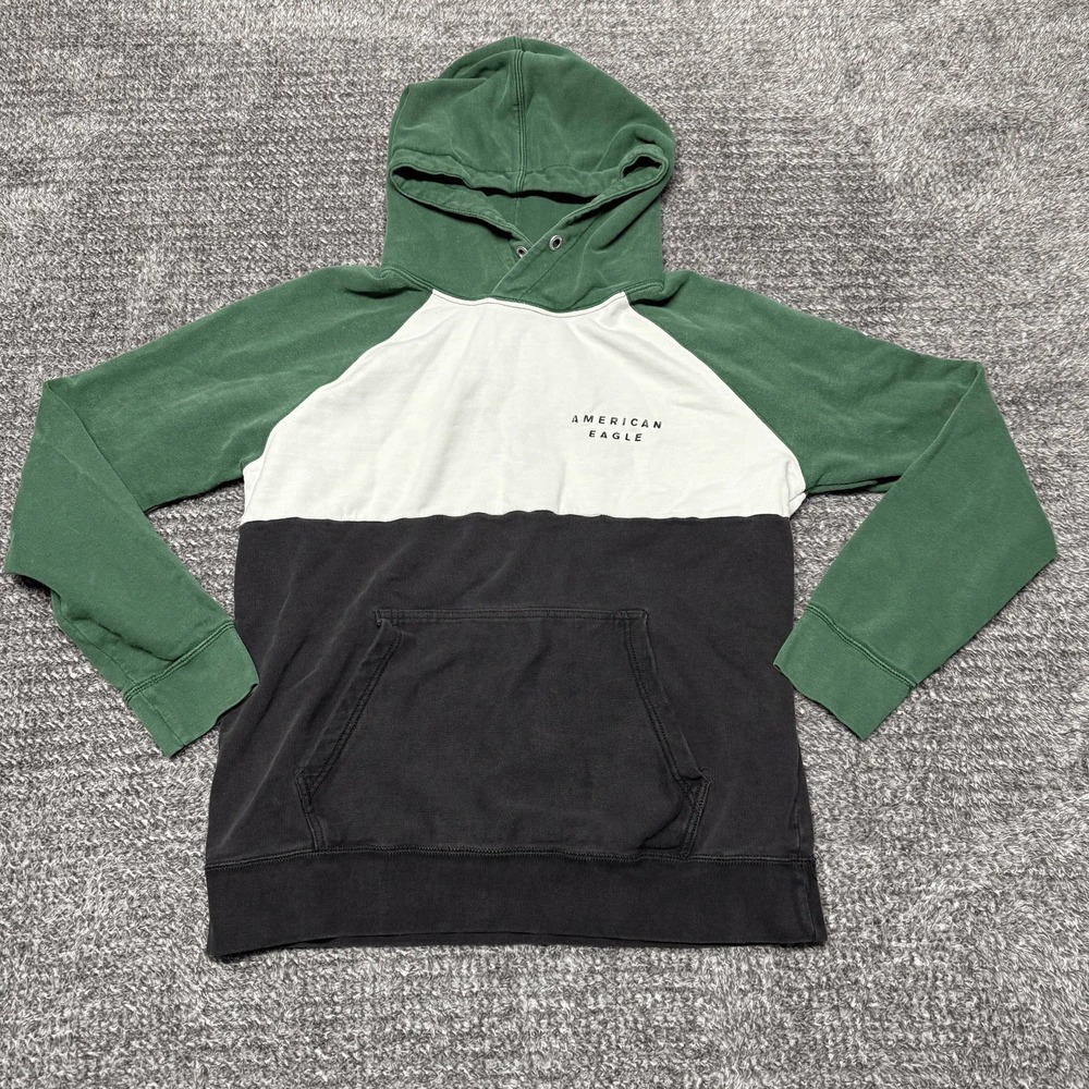 American Eagle Mens Hoodie Sweatshirt M Green Black White Colorblock Pullover